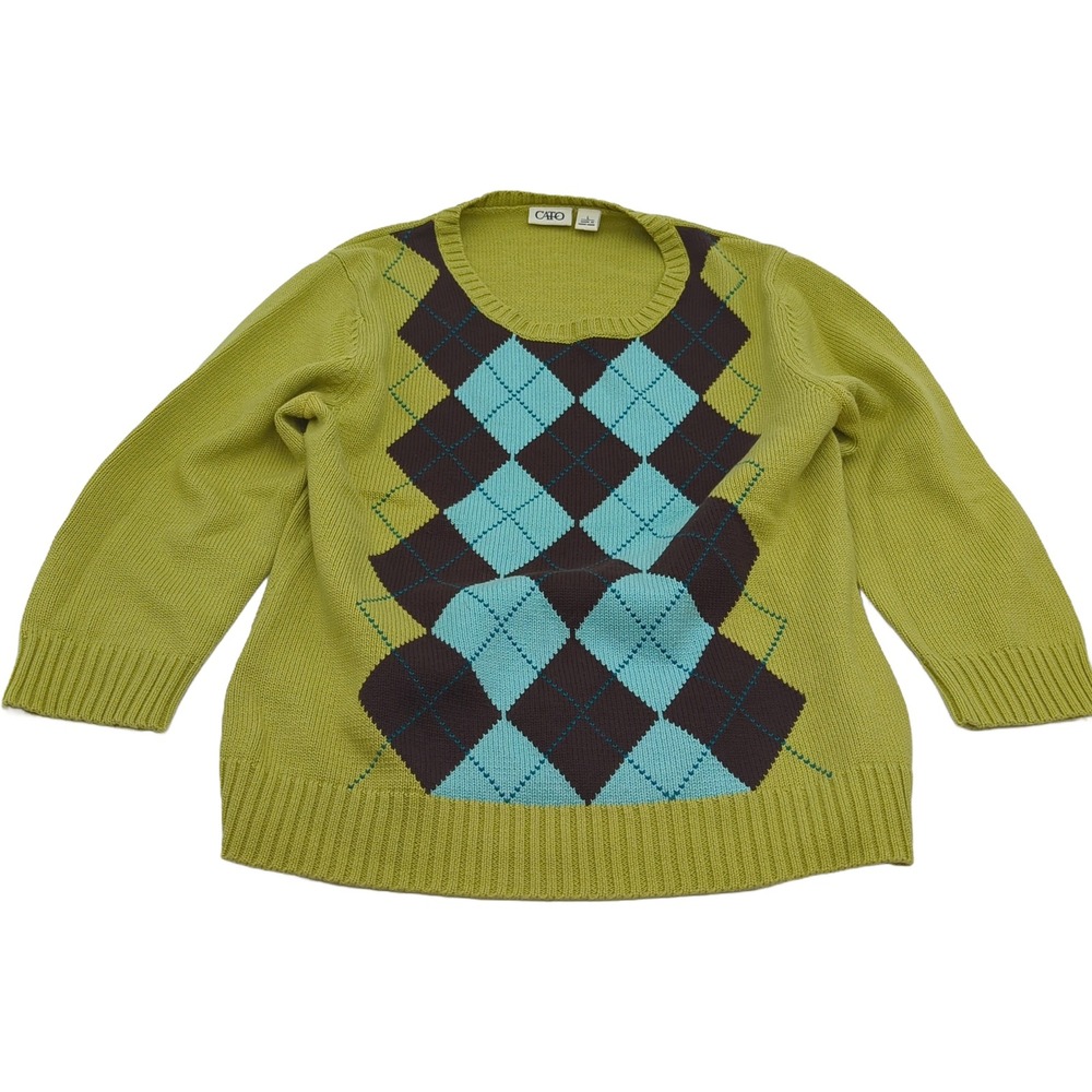 Cato Argyle Sweater Lime Green Brown Blue Cotton Knit 3/4 Sleeve Pullover Large